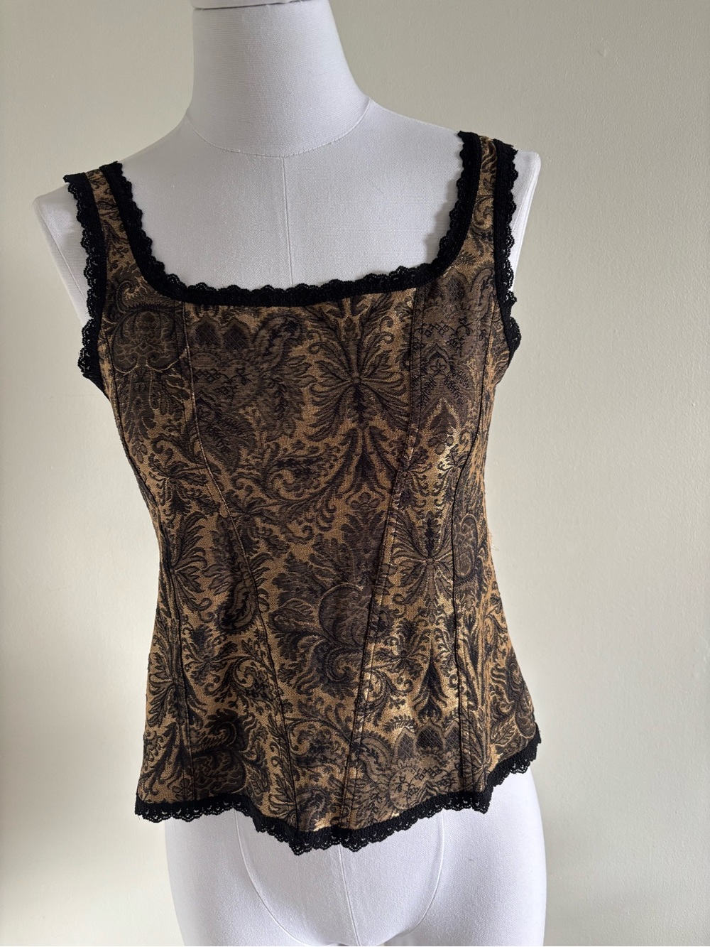 Arianne Black Lace Trimmed Damask Camisole with Gold Pattern